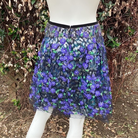 💋Elie Tahari Floral Mesh Metallic Chain Fringe A-Line Flouncy Skirt - Picture 4 of 9